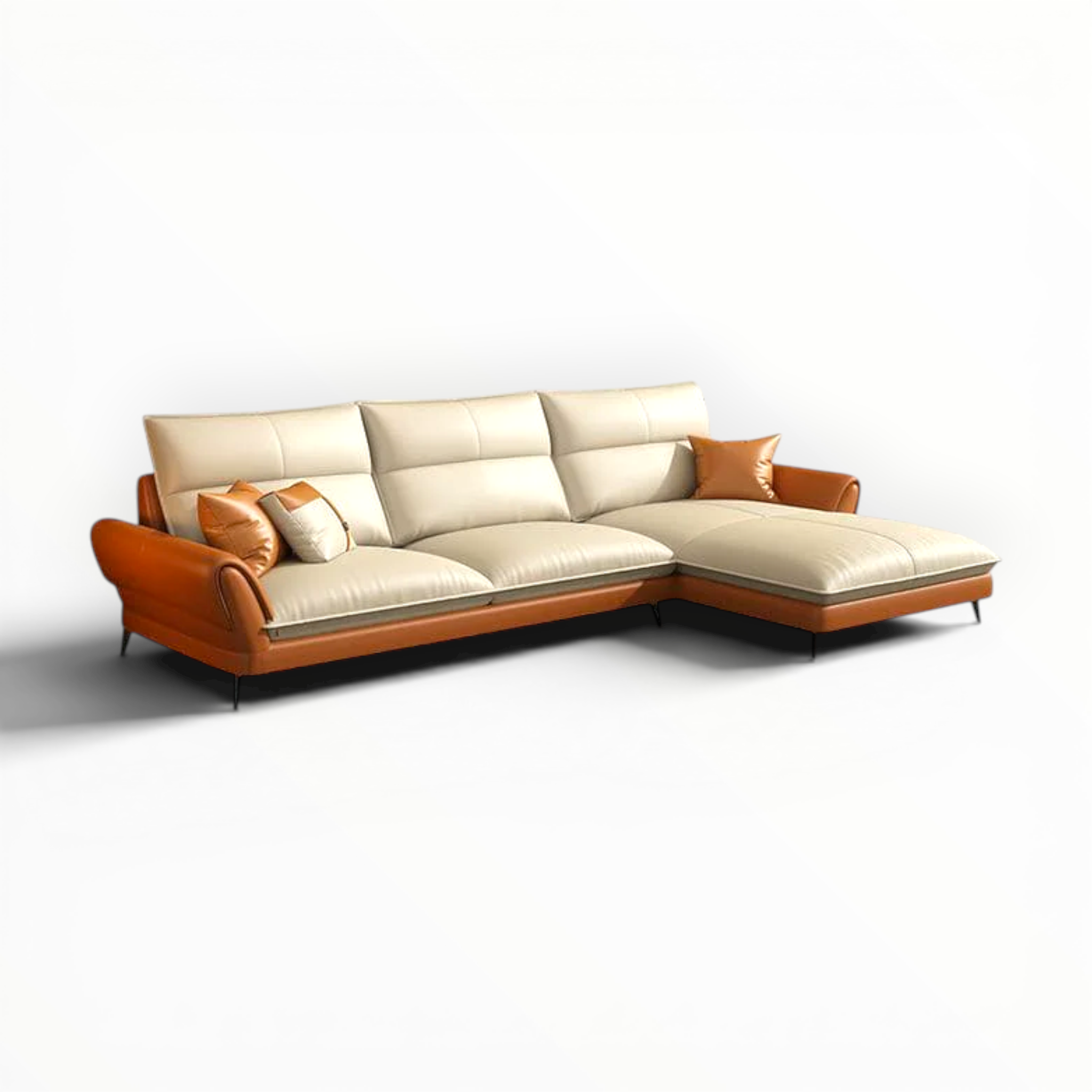Modern sectional sofa with beige cushions and orange leather accents on a white background