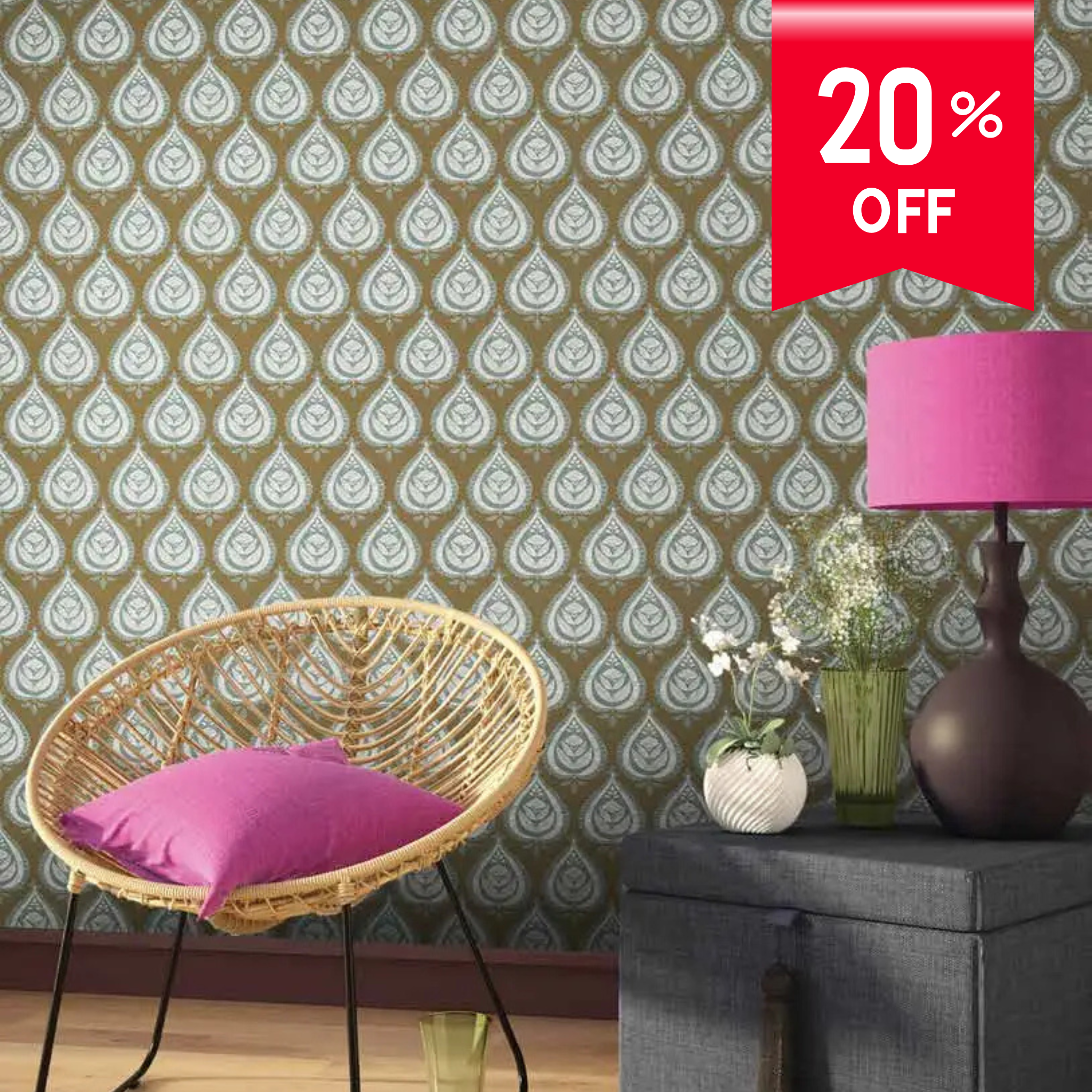 Wicker chair with pink cushion and lamp against patterned wall with 20% off sign