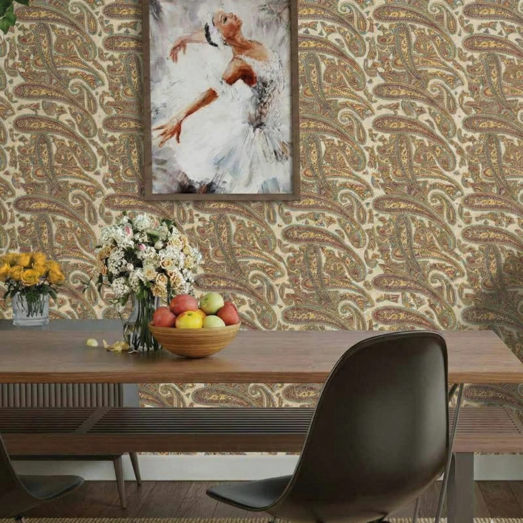 Dining room with patterned wallpaper, table, chair, and decorative elements.