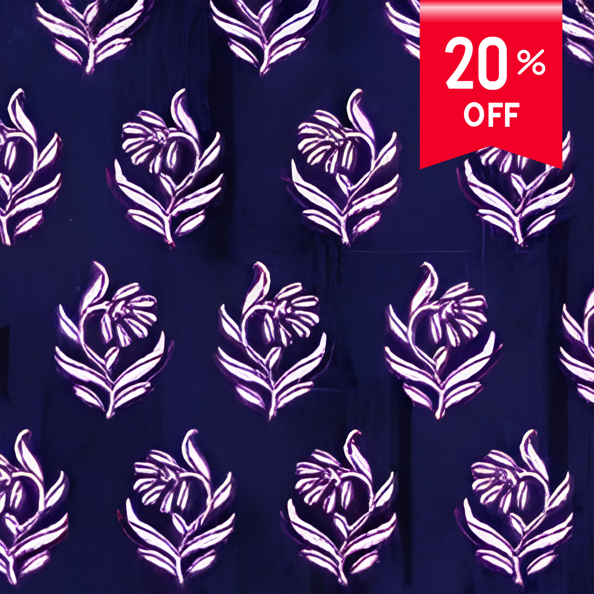 Floral patterned fabric with a 20% off discount label on a dark background