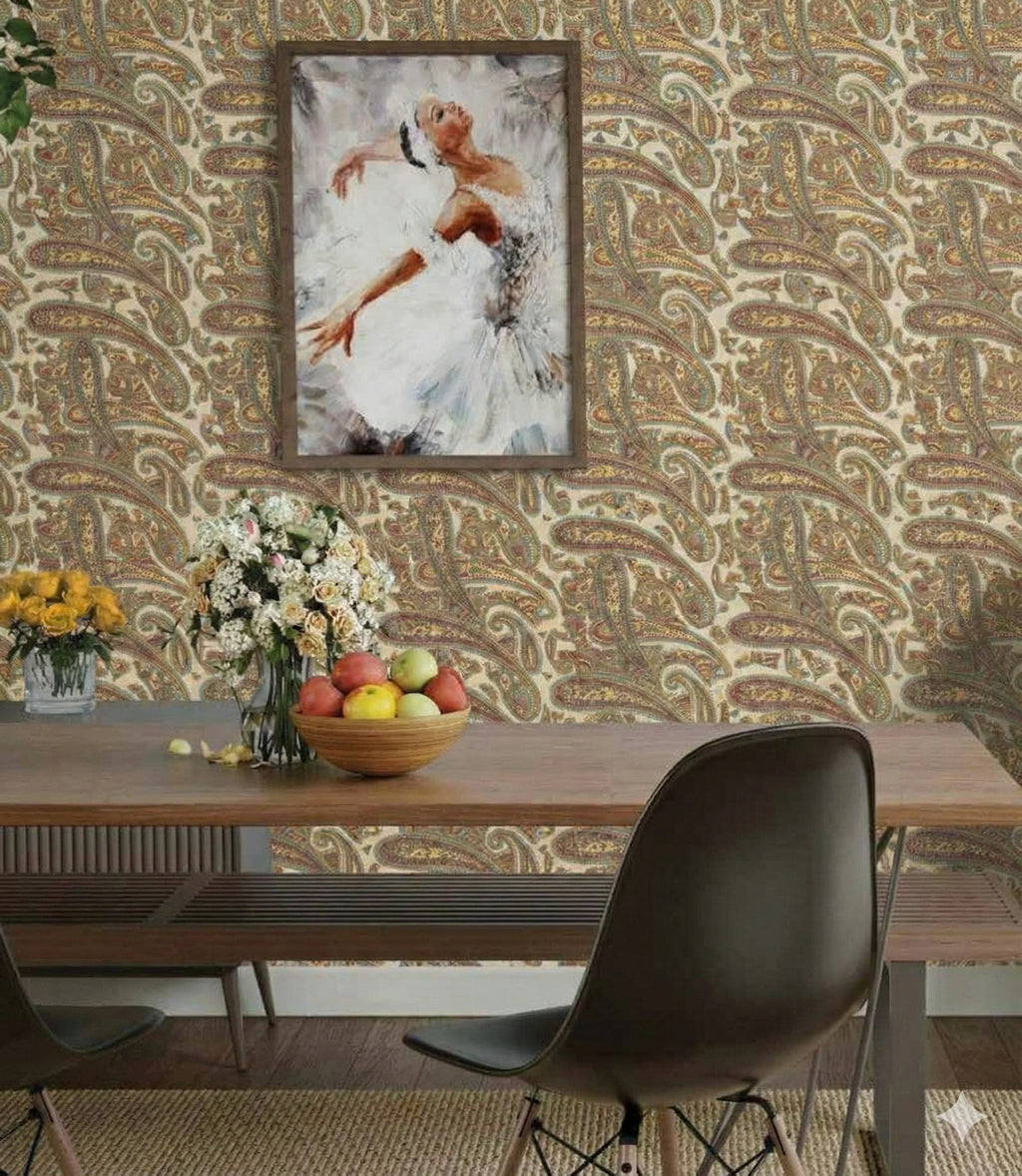 Dining room with patterned wallpaper, a painting of a dancer, and a table with fruit and flowers.
