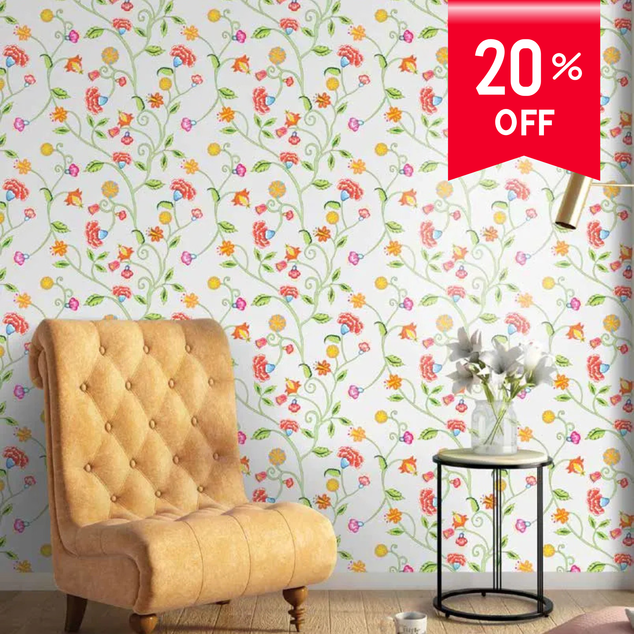 Floral wallpaper with a yellow armchair and decorative table in the foreground, featuring a 20% off banner.
