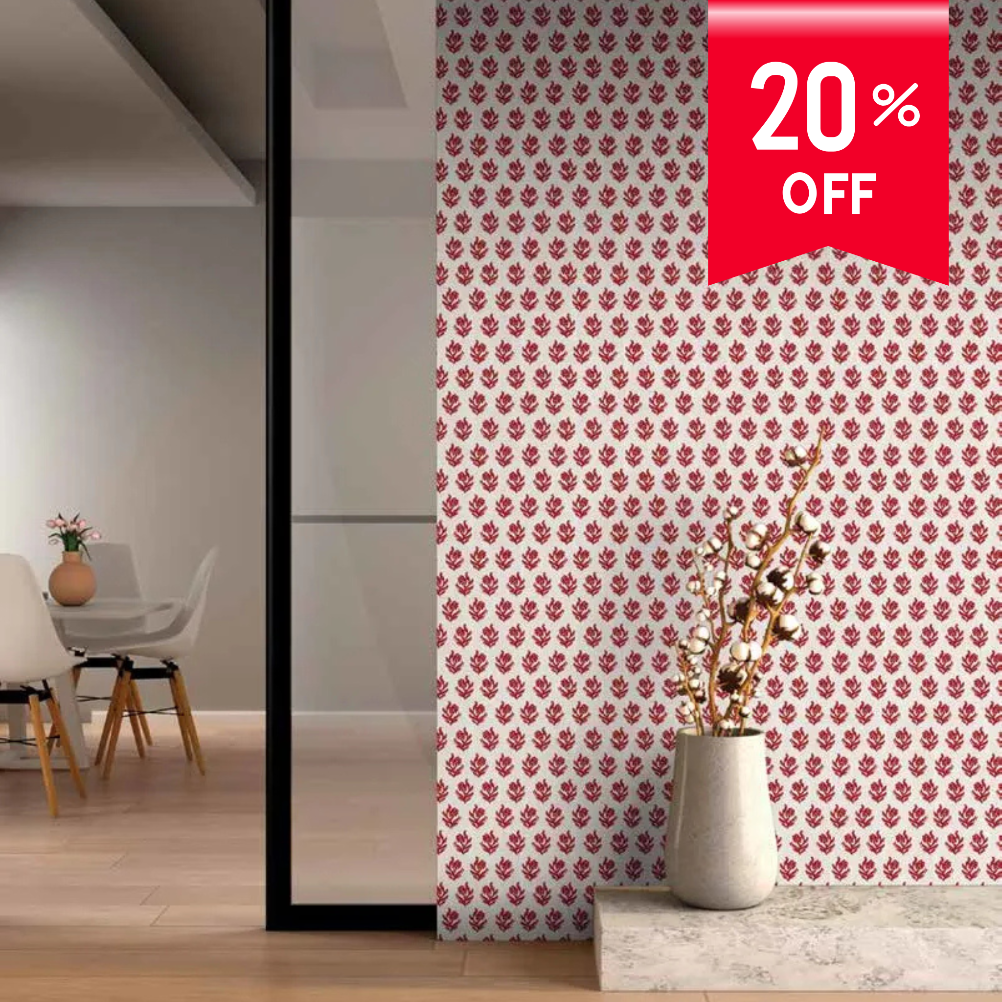 Wallpaper with red floral pattern and 20% off label in a room setting.