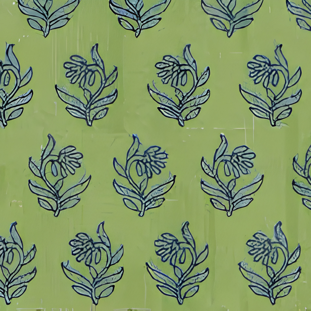 Pattern of blue floral designs on a green background