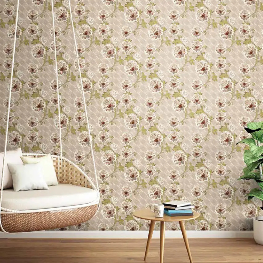 Floral wallpaper with a swing, table, and plant in a room setting