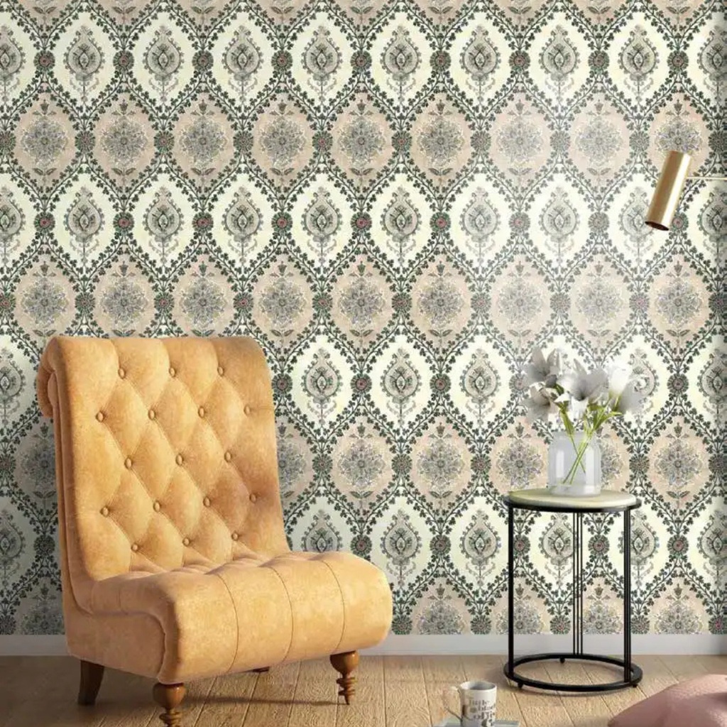 Patterned wallpaper with a chair and small table in front