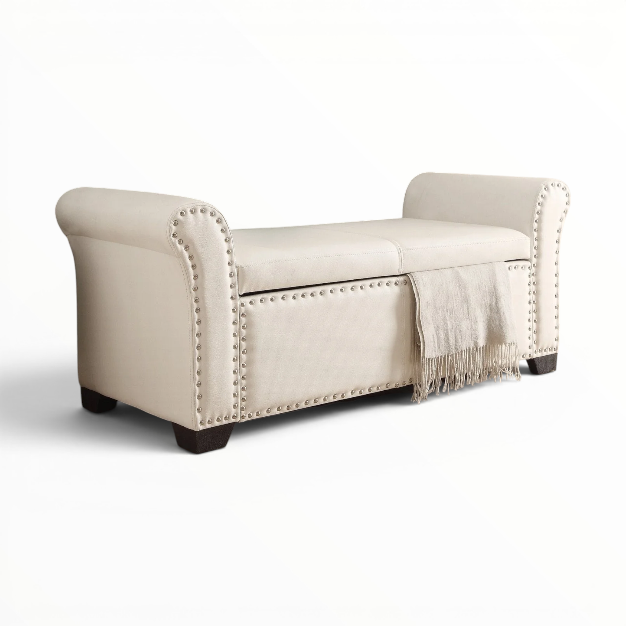 Beige storage bench with nailhead trim on a white background