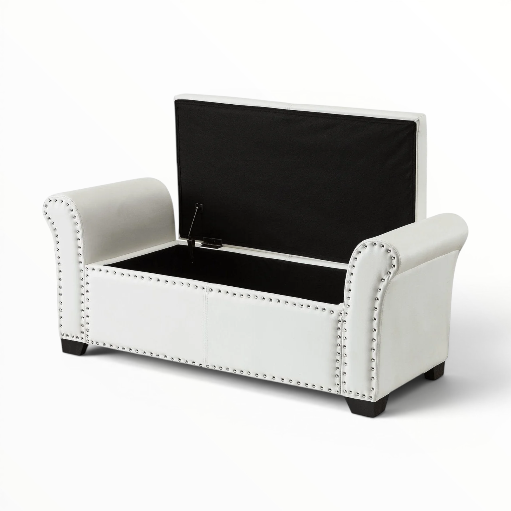 White storage bench with black cushion on a white background