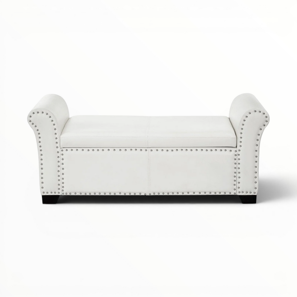 White leather bench with nailhead trim on a white background