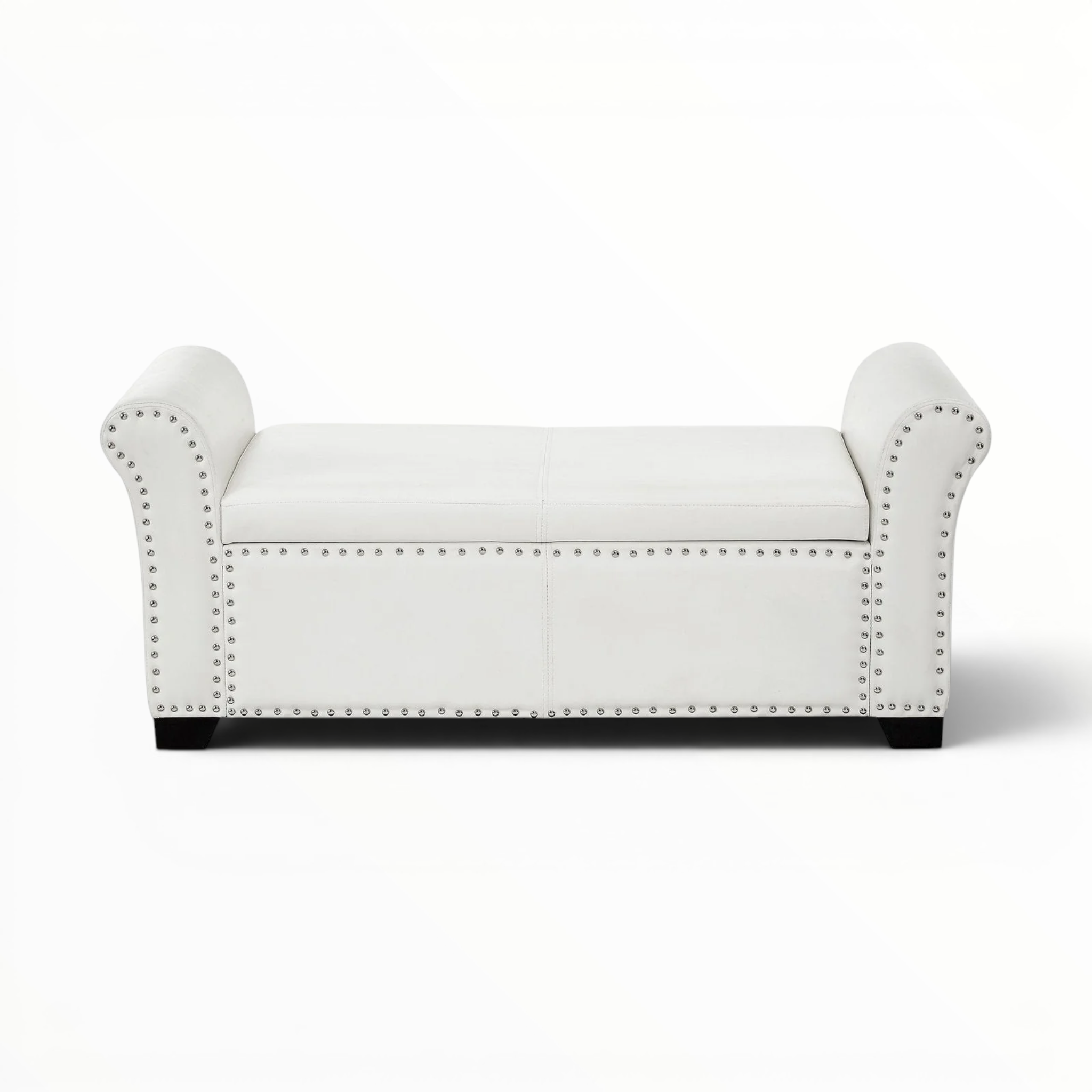 White leather bench with nailhead trim on a white background