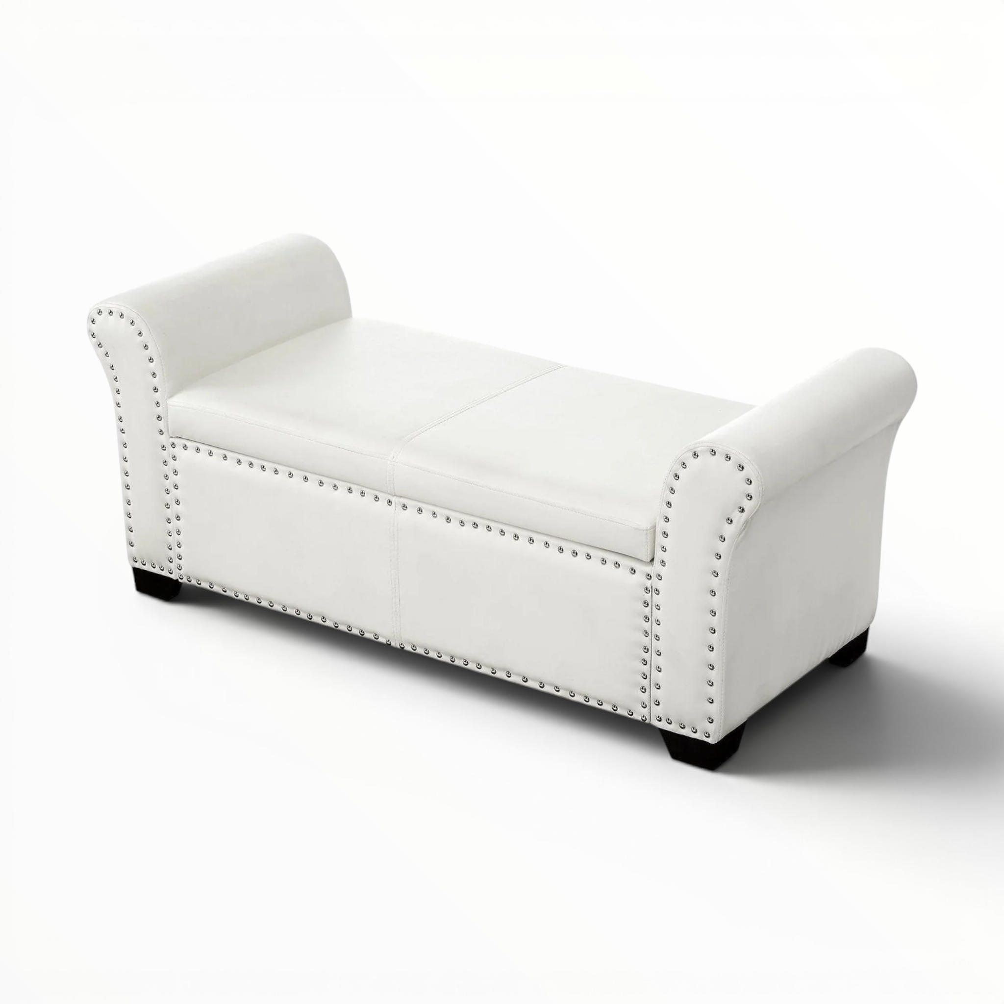 White upholstered bench with nailhead trim on a white background
