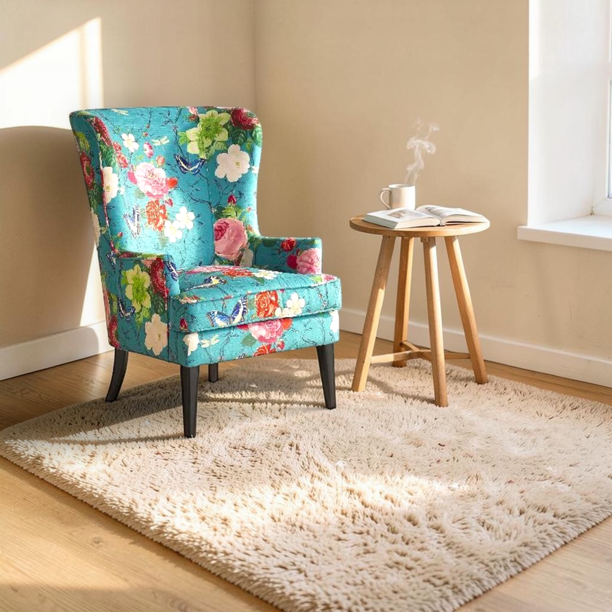 Floral-patterned armchair in a room with a small table and rug.