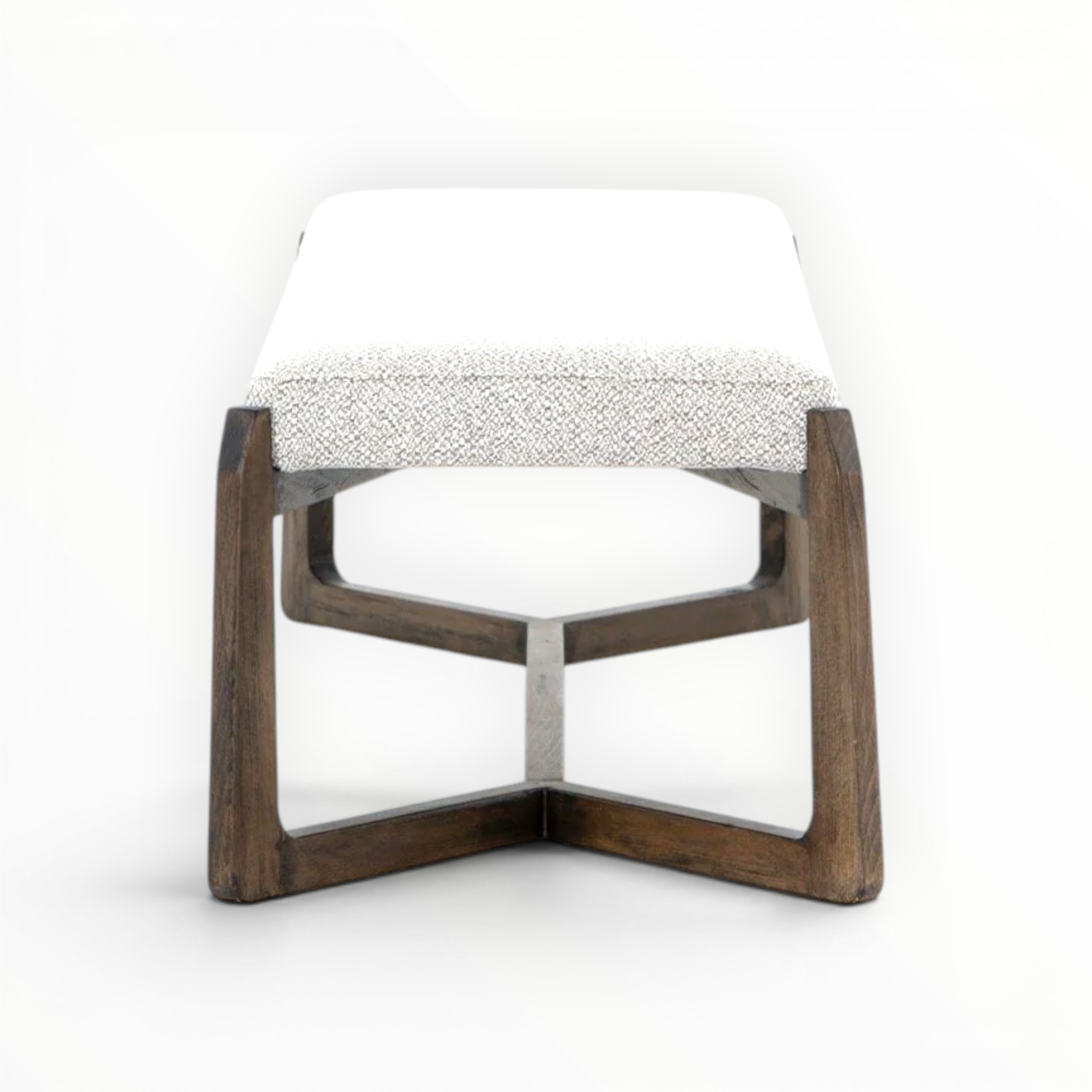 Chair with wooden frame and white cushion on a white background
