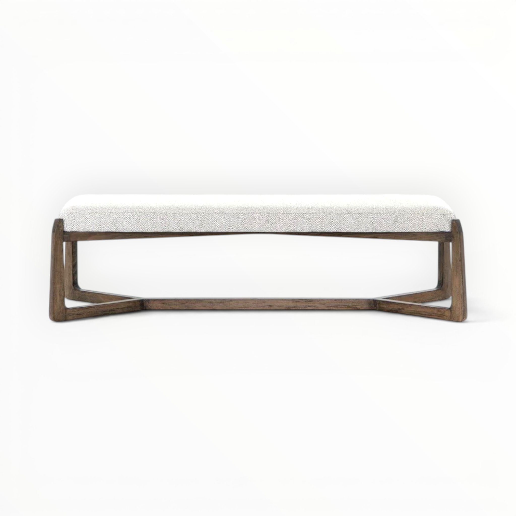 Bench with wooden frame and cushioned seat on a white background