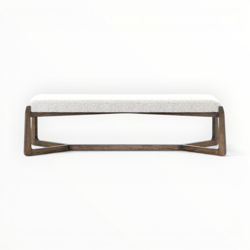 Bench with wooden frame and cushioned seat on a white background