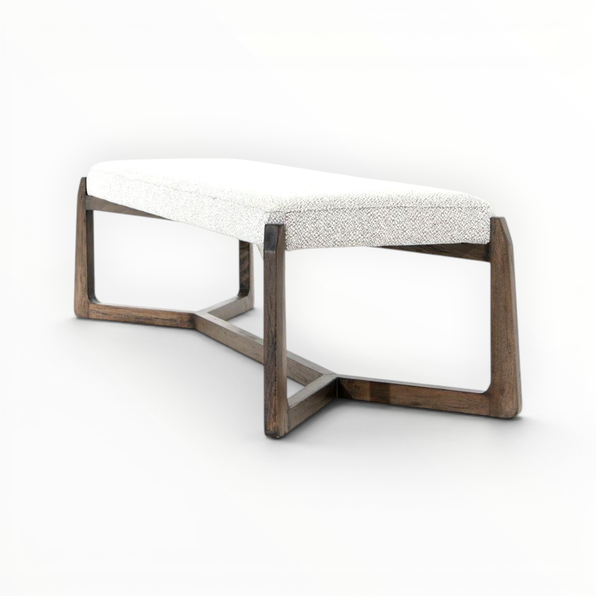 Wooden bench with textured cushion on a white background