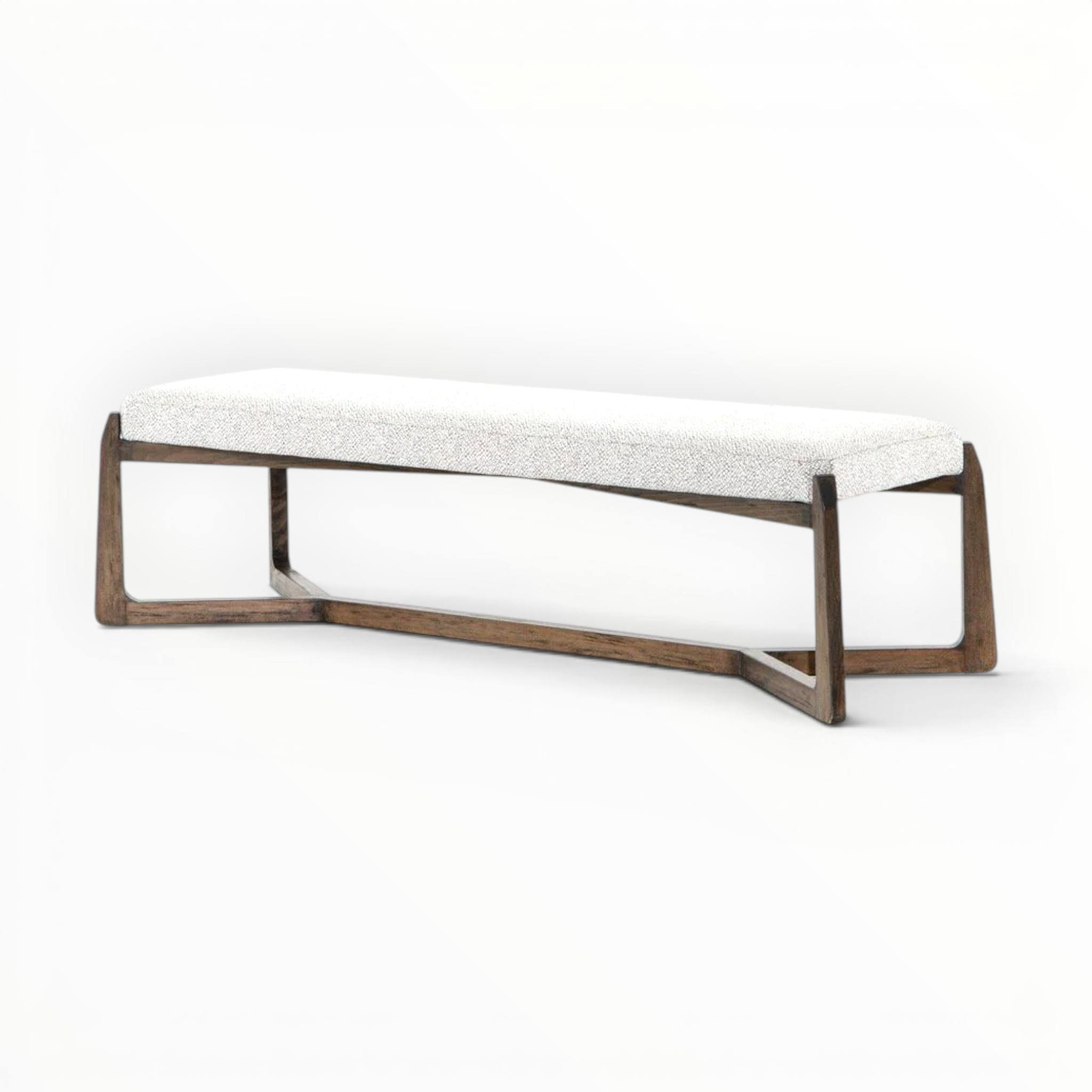 Bench with white cushion and wooden frame on a white background