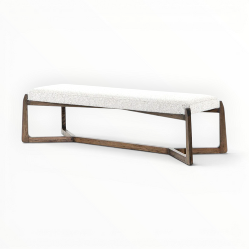 Bench with white cushion and wooden frame on a white background