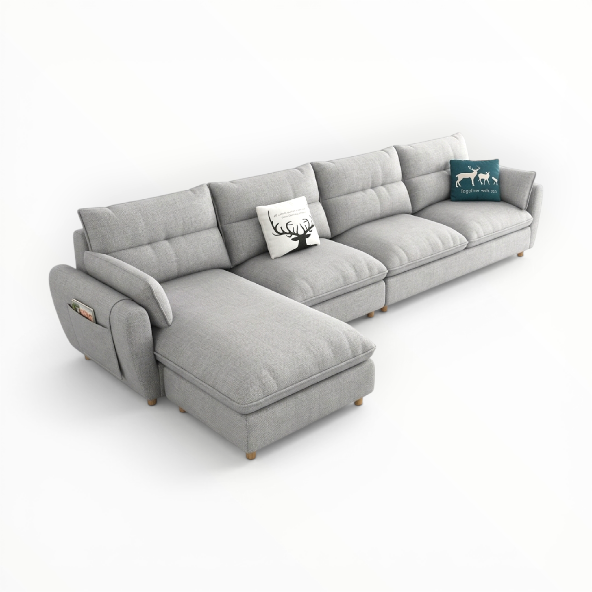 Gray sectional sofa with two cushions on a white background