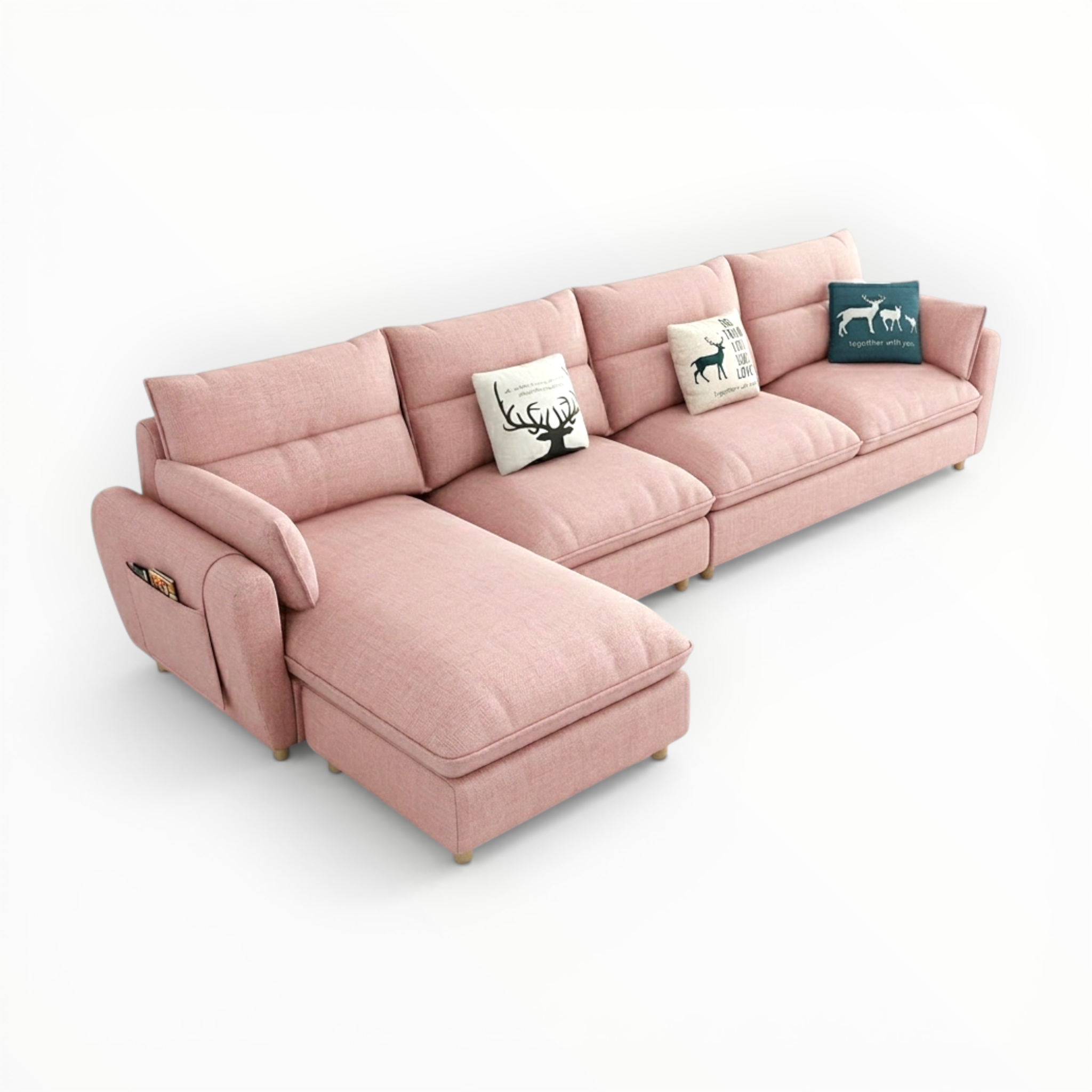 Pink sectional sofa with decorative pillows on a white background