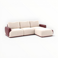 Beige sectional sofa with brown armrests on a white background