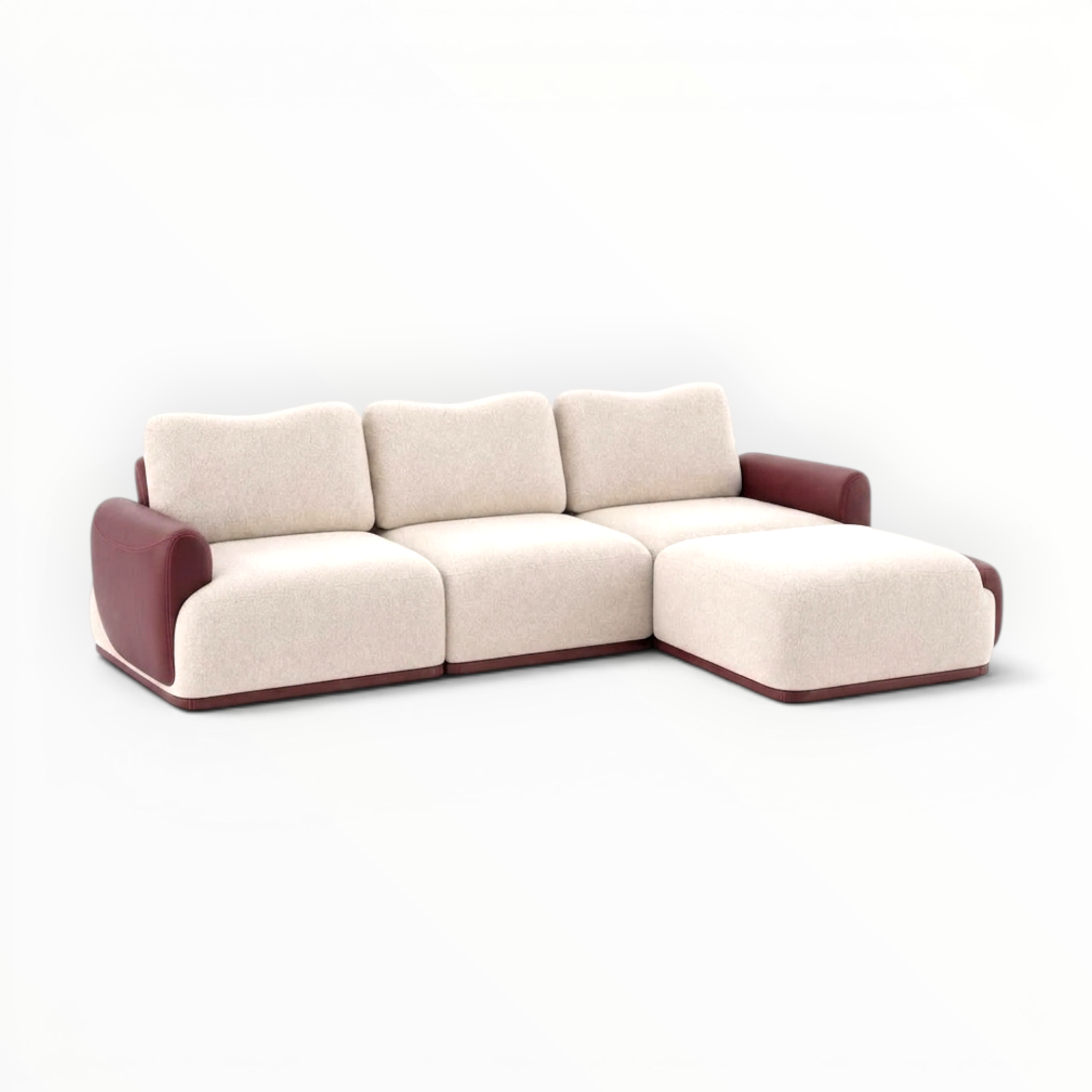 Beige sectional sofa with brown armrests on a white background