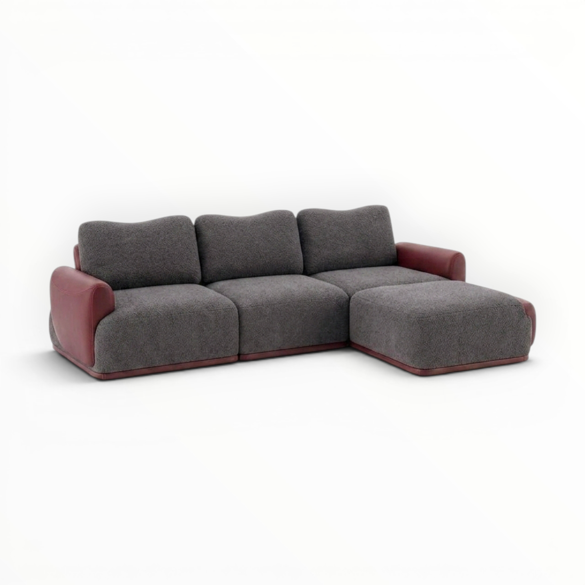 Gray sectional sofa with red accents on a white background