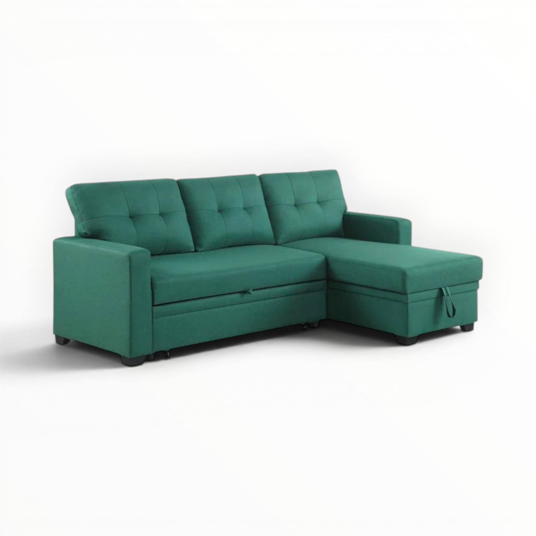 Green sectional sofa with storage on a white background
