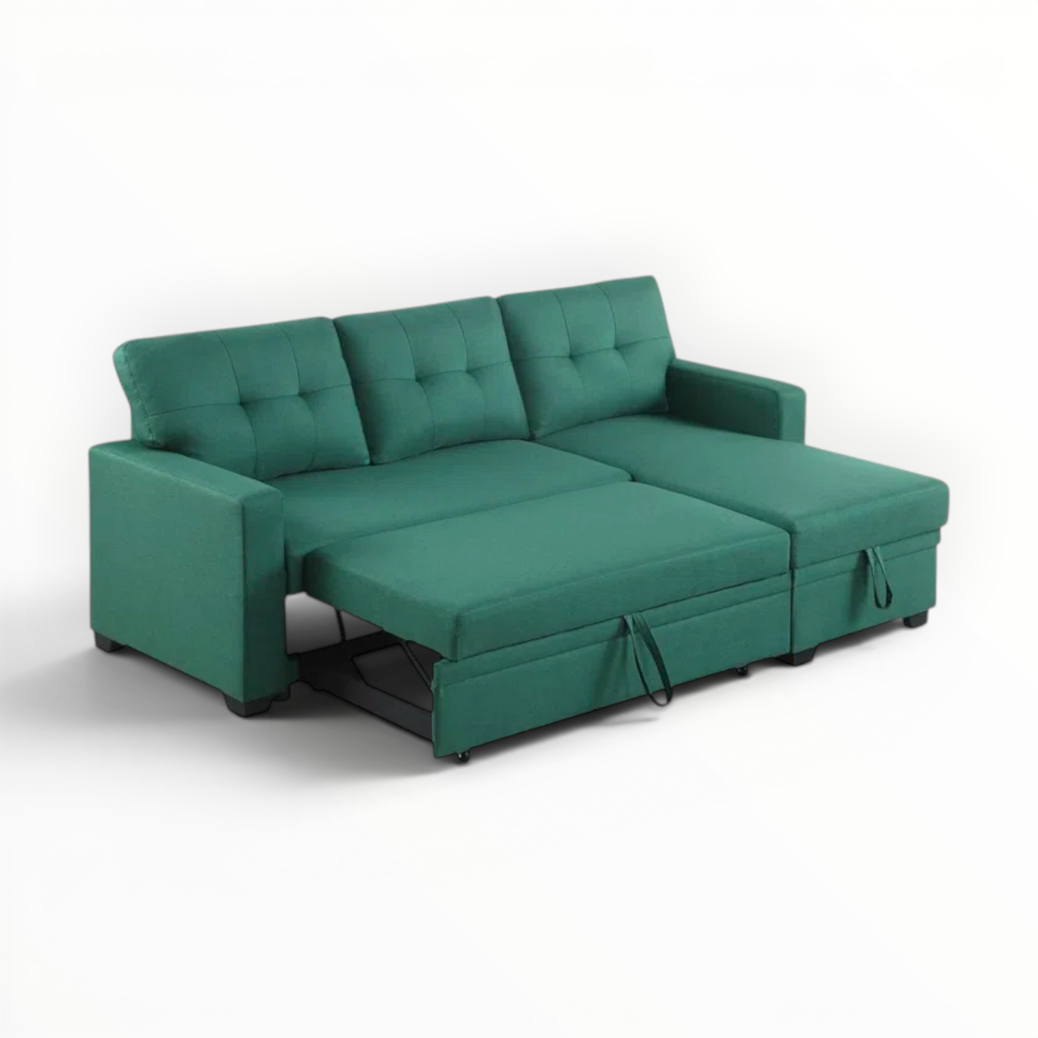 Green sectional sofa with pull-out bed on a white background