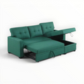 Green sectional sofa with storage compartment on a white background