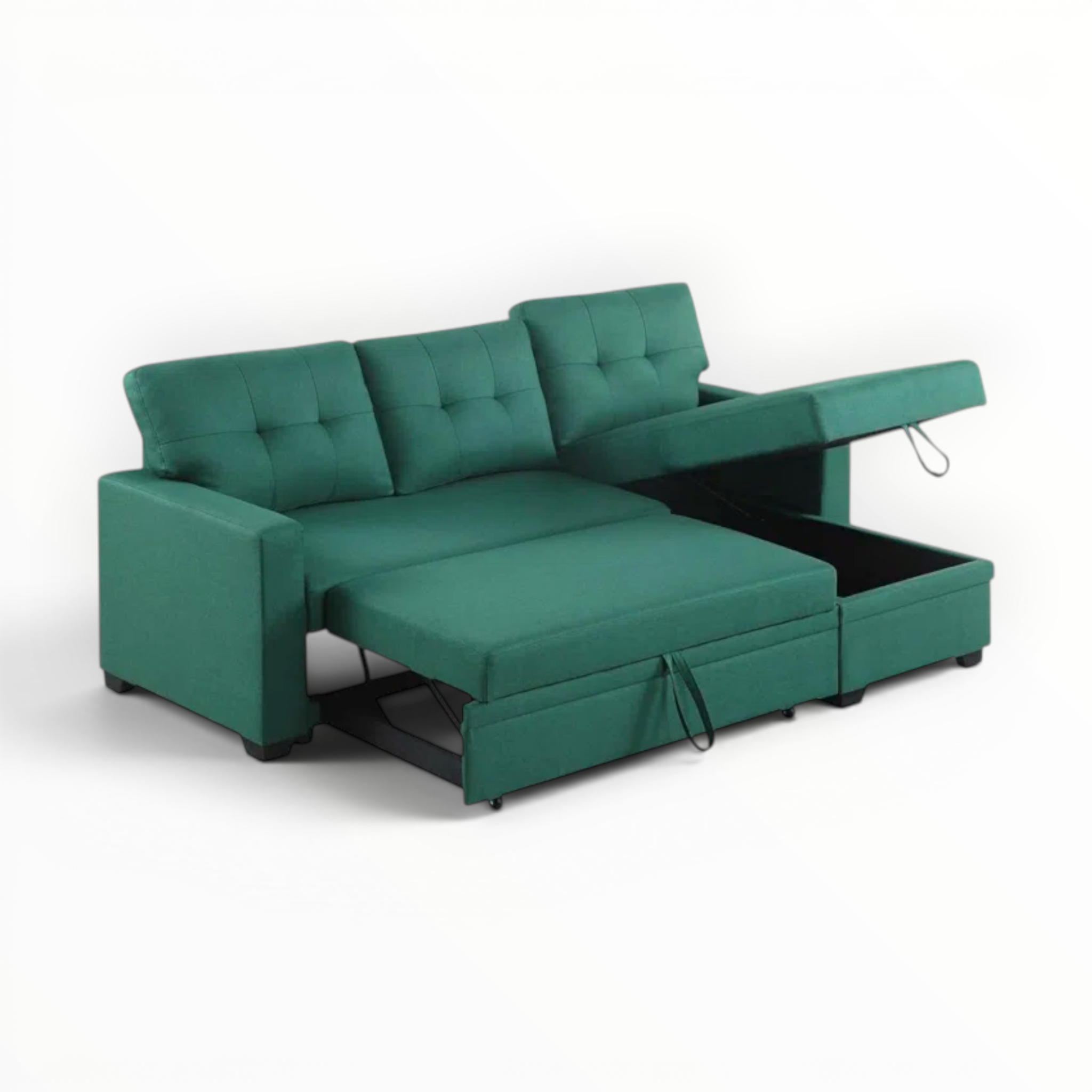Green sectional sofa with storage compartment on a white background