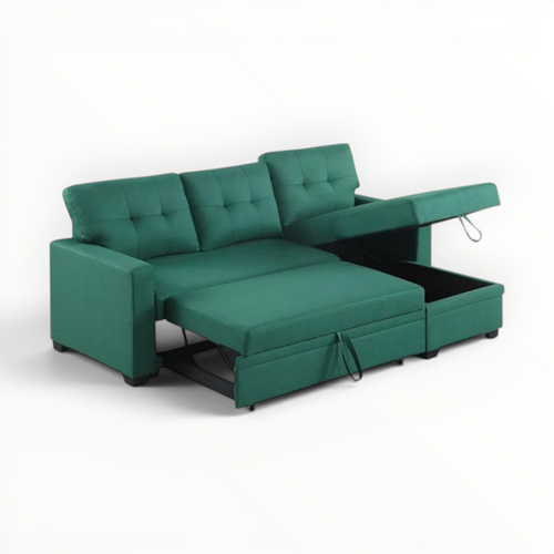 Green sectional sofa with storage compartment on a white background
