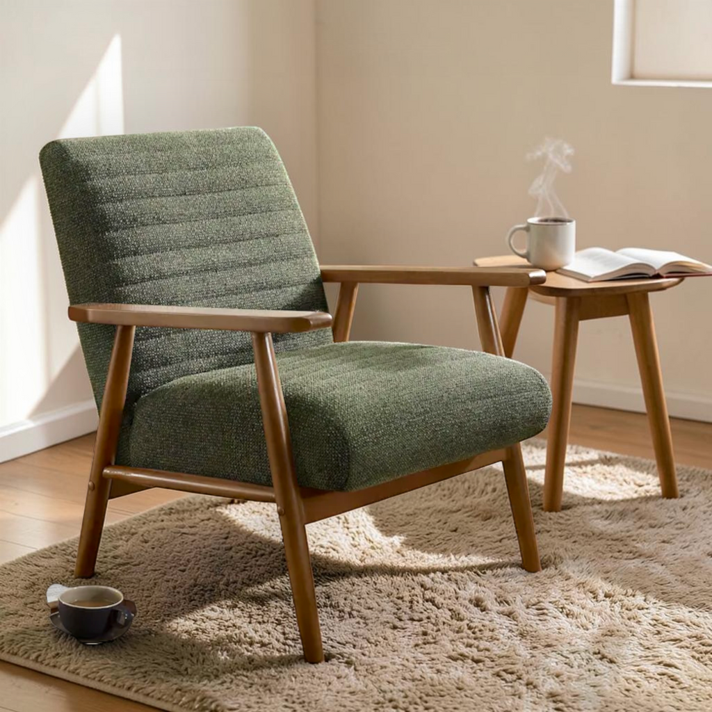 Green armchair with wooden legs in a room with a small table and books.