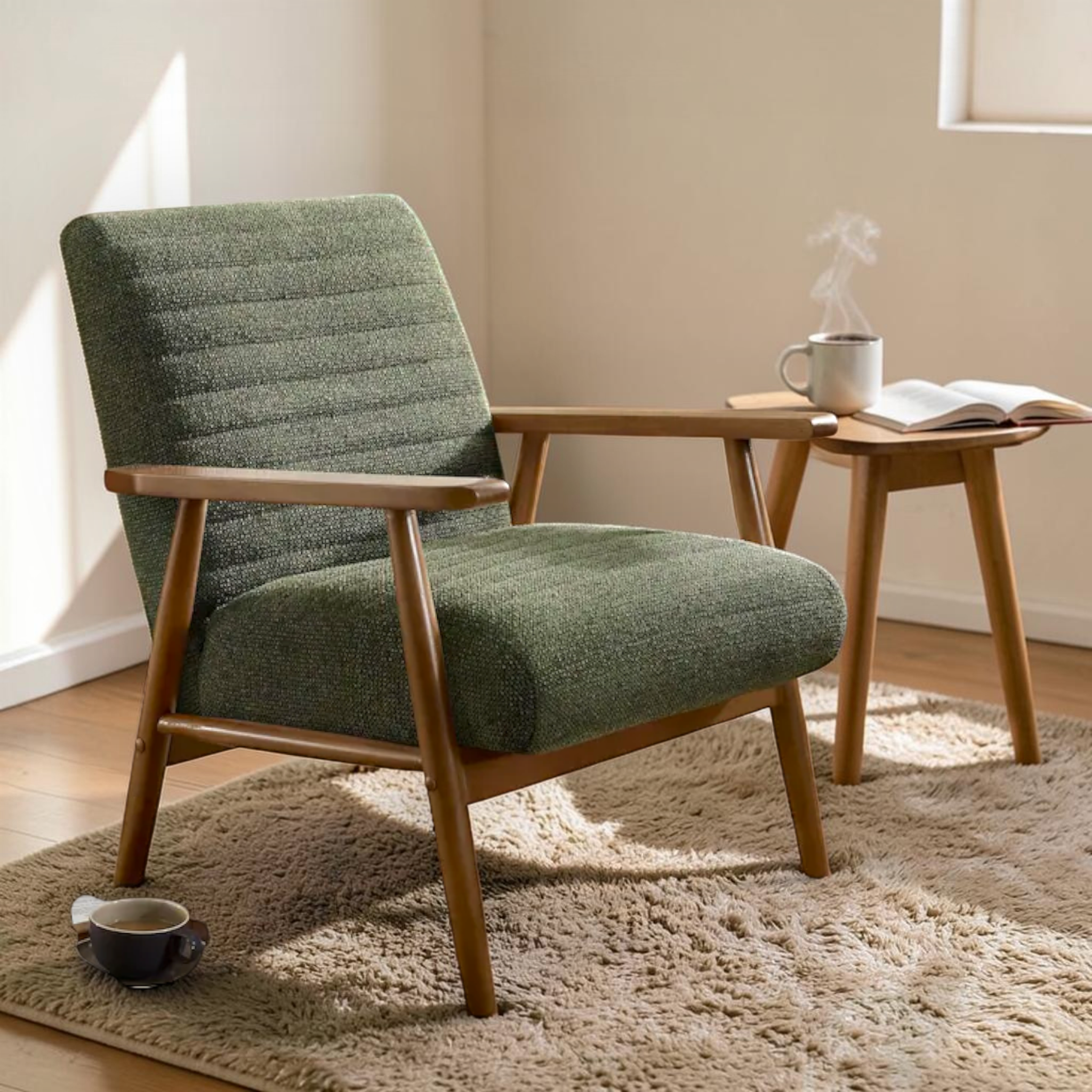 Green armchair with wooden legs in a room with a small table and books.