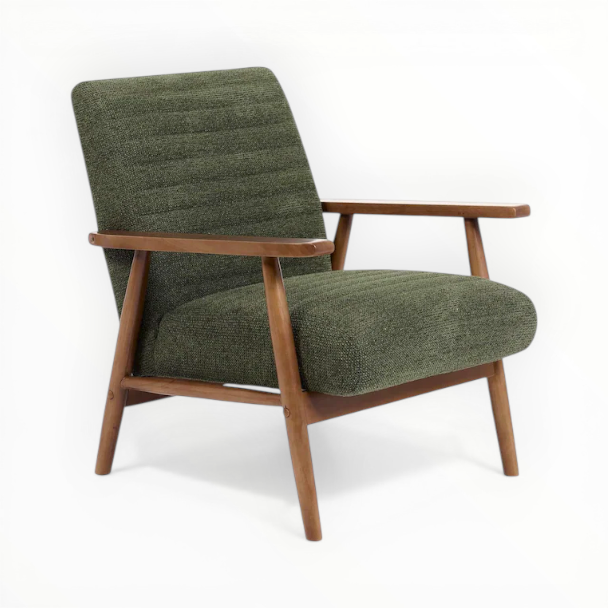 Green armchair with wooden frame on a white background