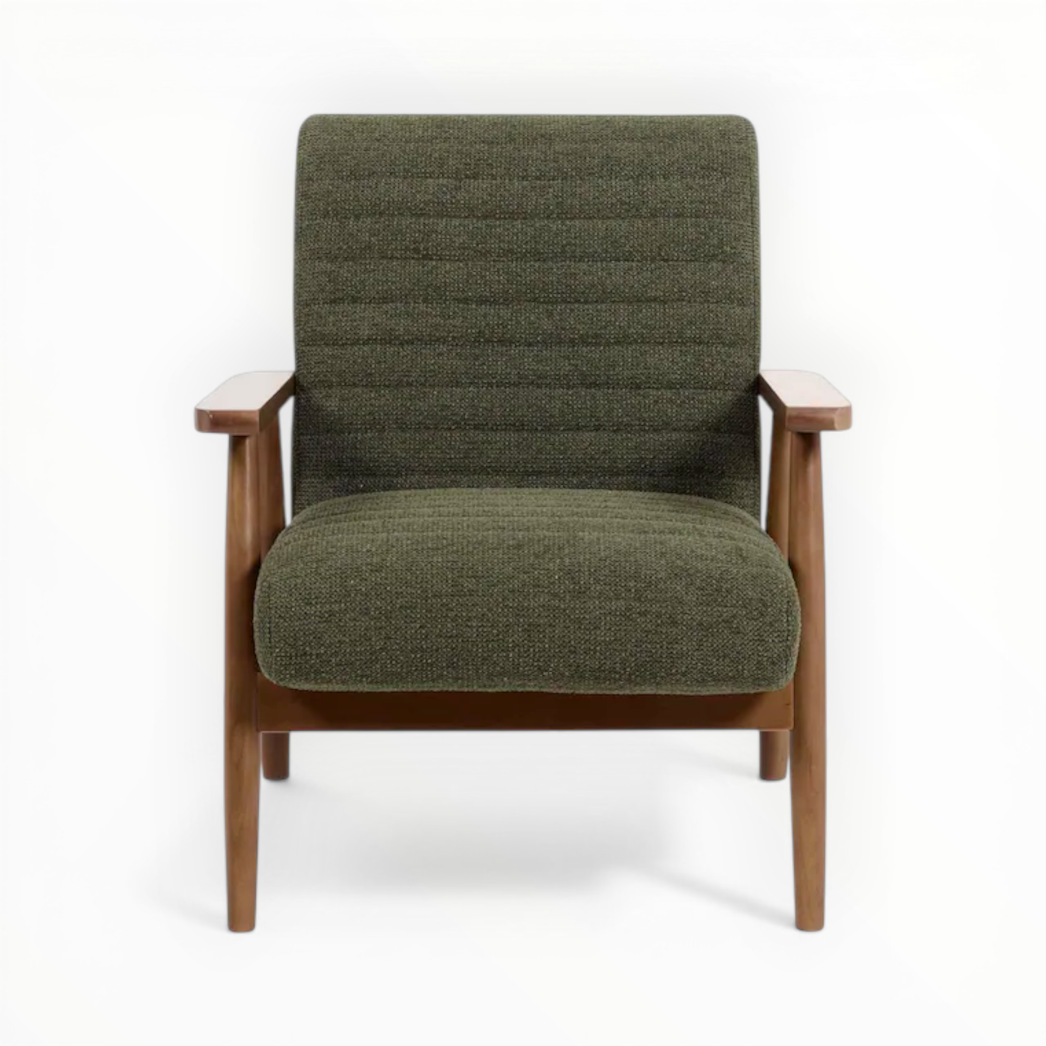Green upholstered armchair with wooden frame on a white background