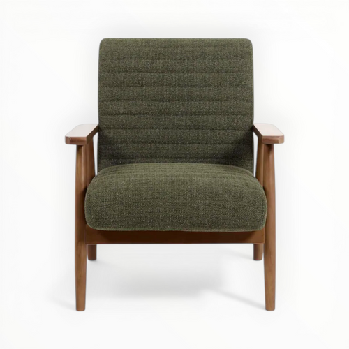 Green upholstered armchair with wooden frame on a white background