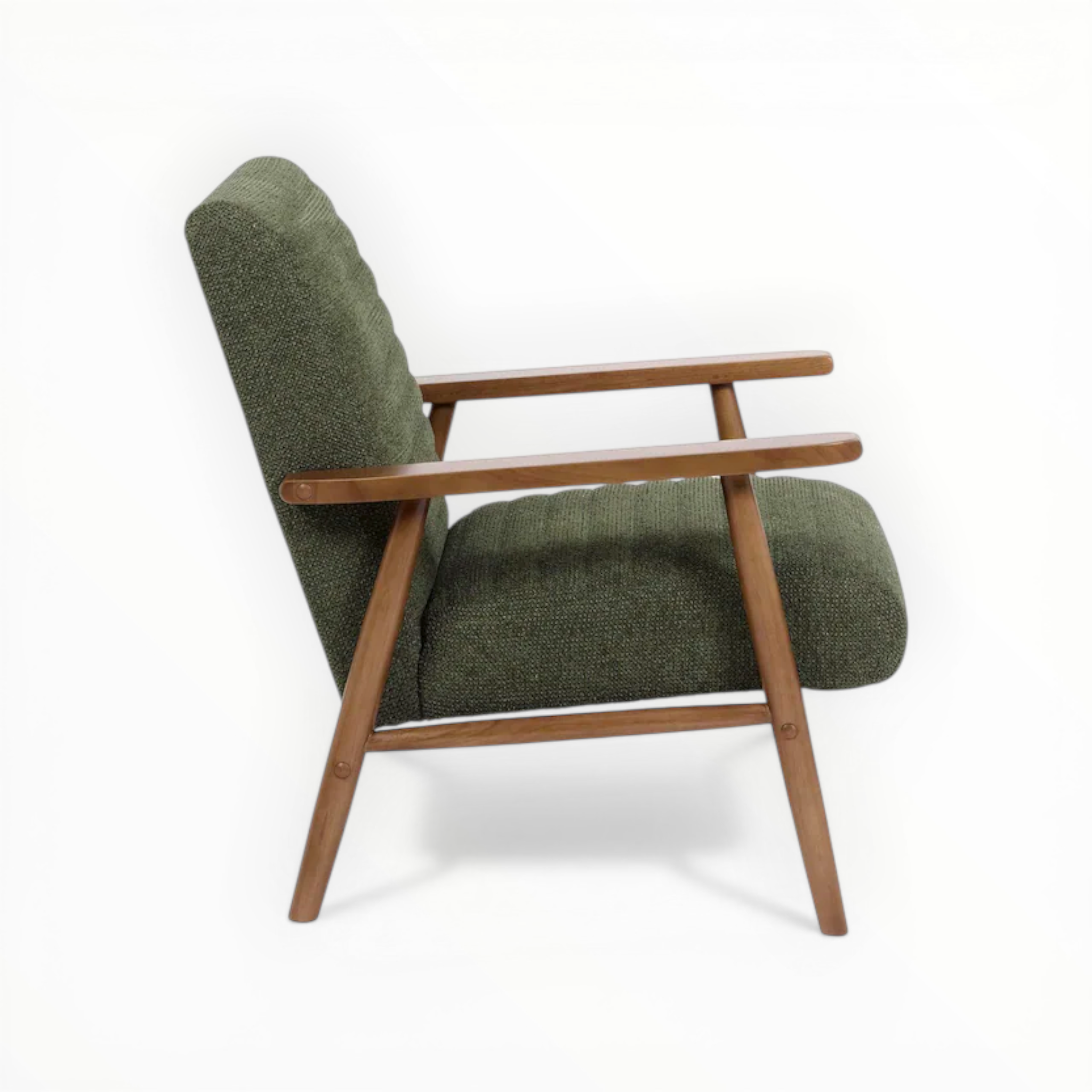 Green armchair with wooden arms and legs on a white background