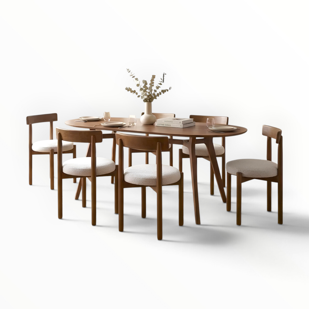 Cedar oval dining table with 6 bouclé upholstered chairs handcrafted teakwood Hyderabad