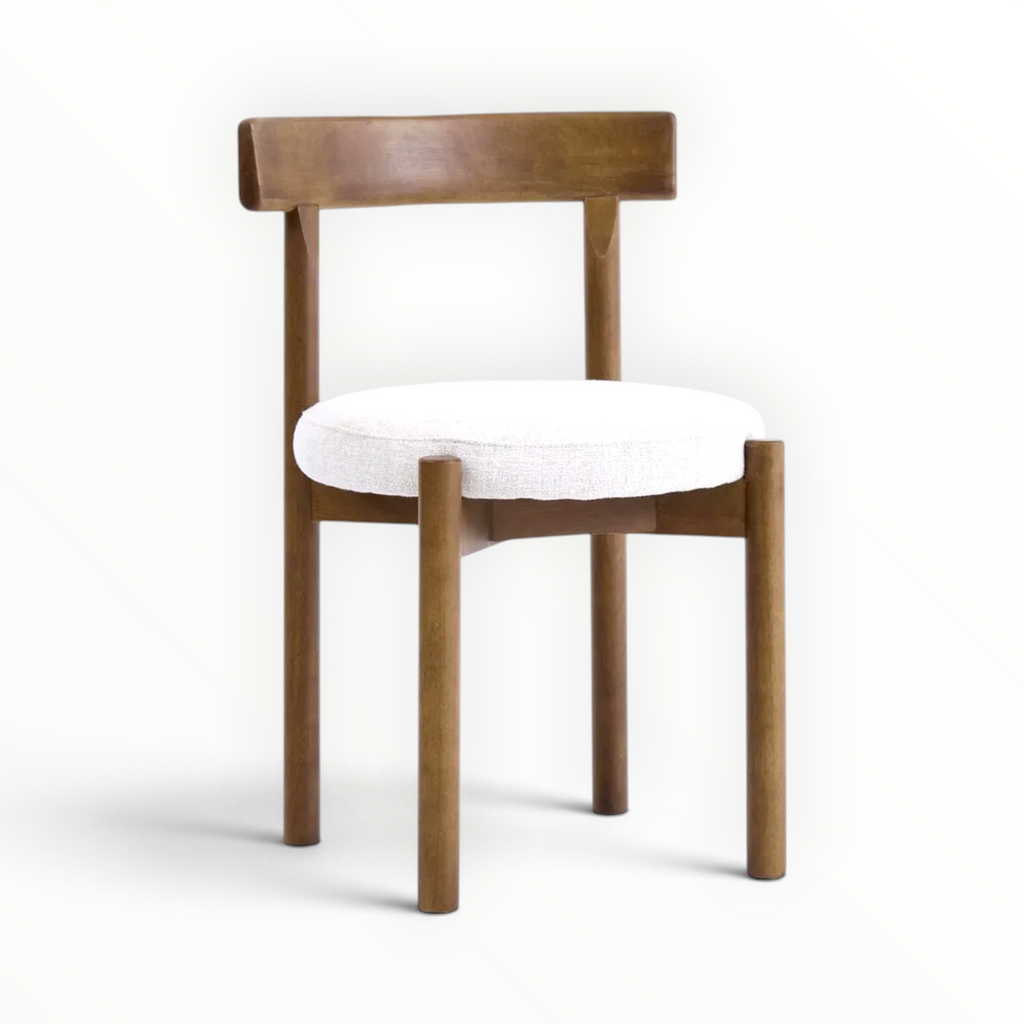 Cedar dining chair angled view bouclé round seat solid teakwood Woodkraft Studio