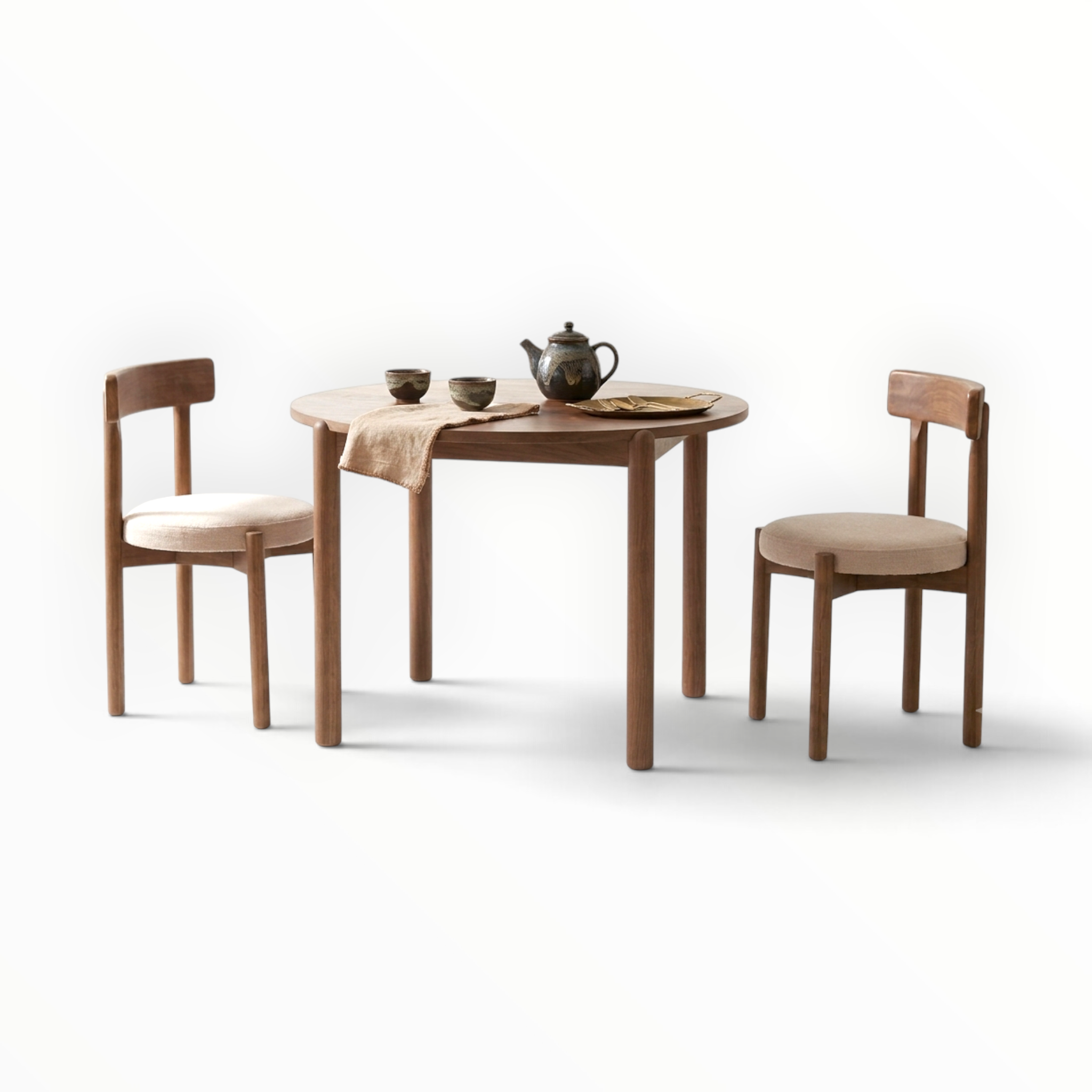 Cedar 2 seater dining set small space round table teakwood bouclé chairs Hyderabad