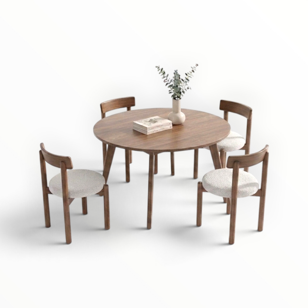 Cedar 4 seater round dining set solid teakwood pine top bouclé chairs Hyderabad