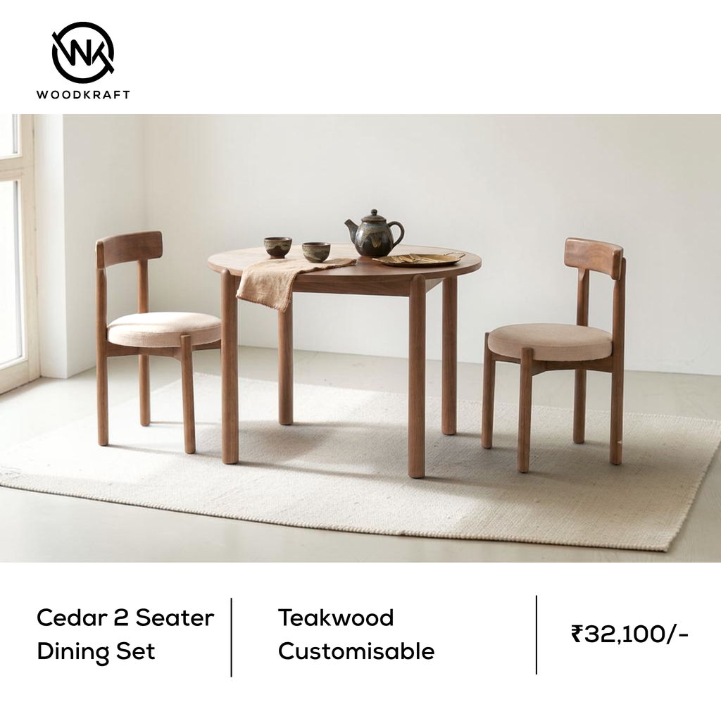 Cedar 2 Seater Dining Set | Solid Teakwood & Pine Top | Woodkraft Studio