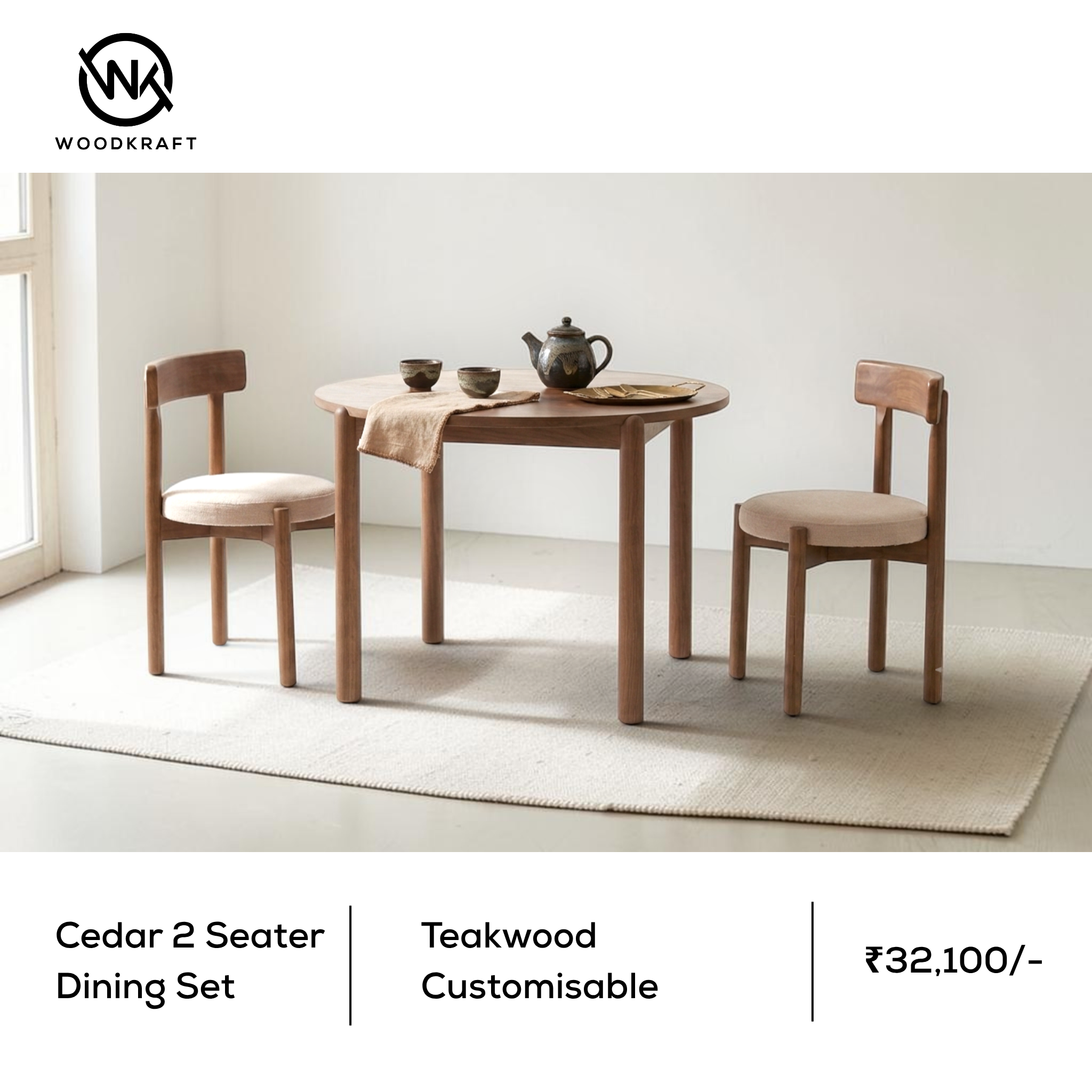 Cedar 2 Seater Dining Set | Solid Teakwood & Pine Top | Woodkraft Studio