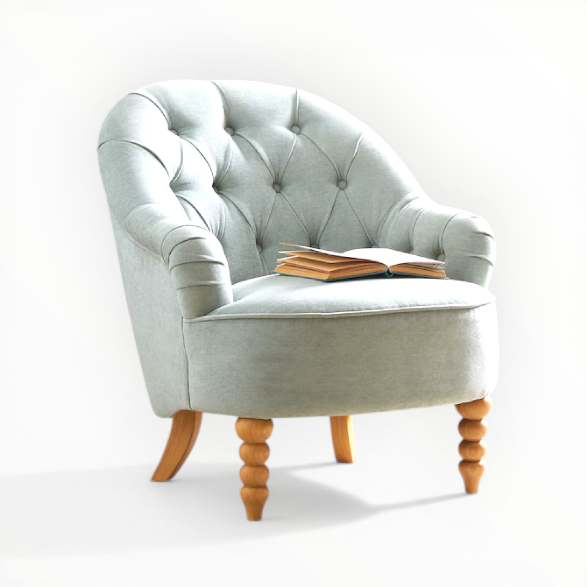 Light gray armchair with wooden legs on a white background