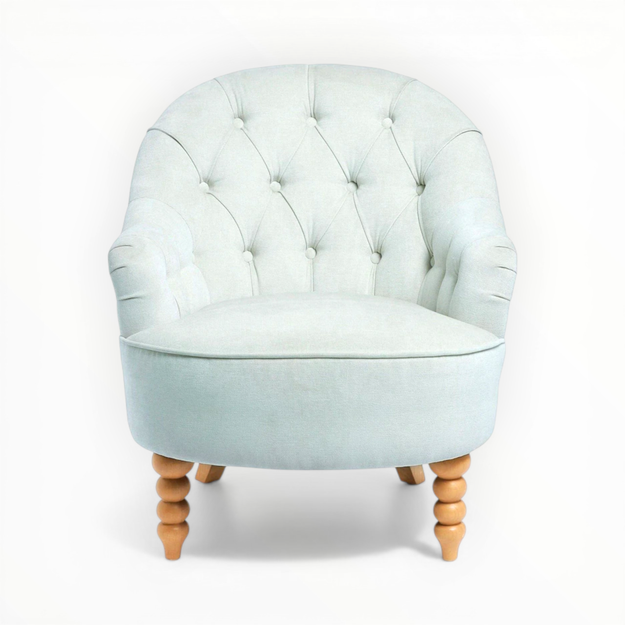 Light blue armchair with wooden legs on a white background