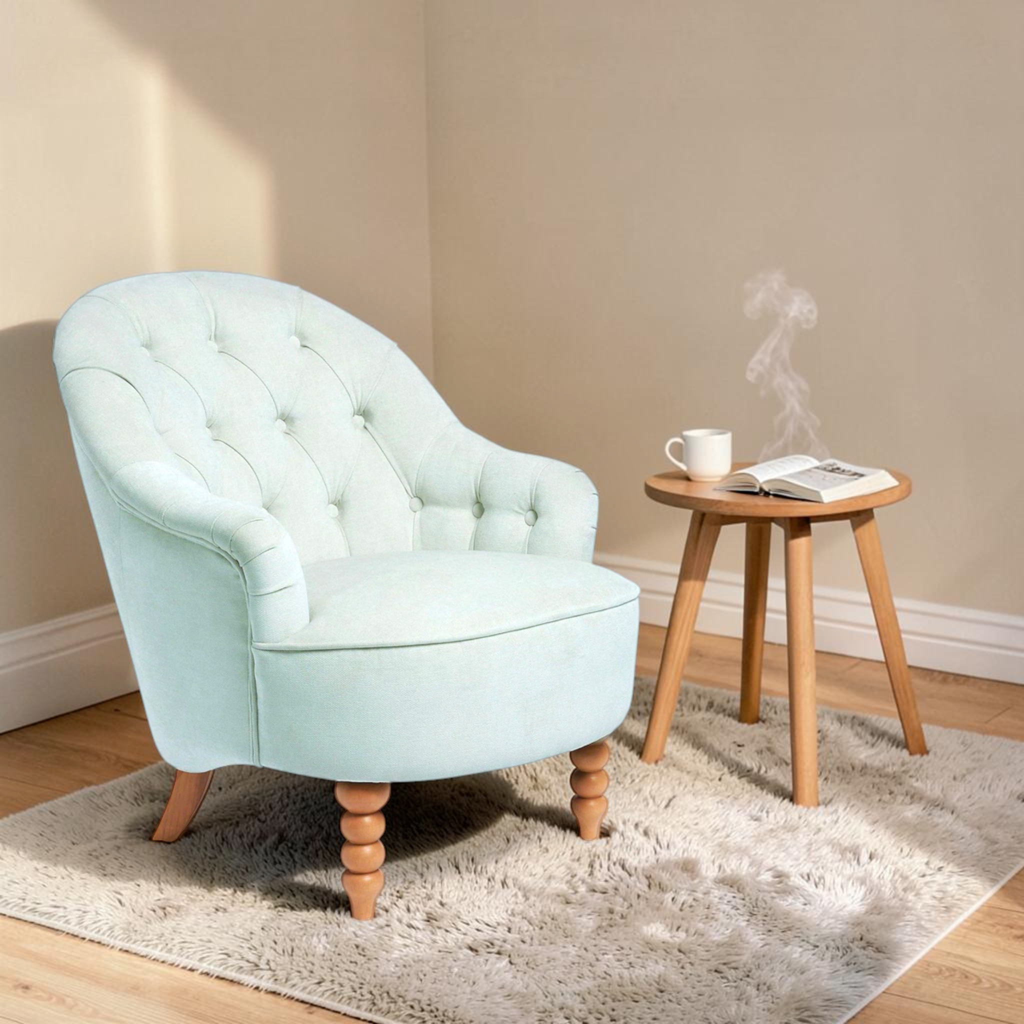 Light blue armchair with wooden legs in a room with a small wooden table and book.