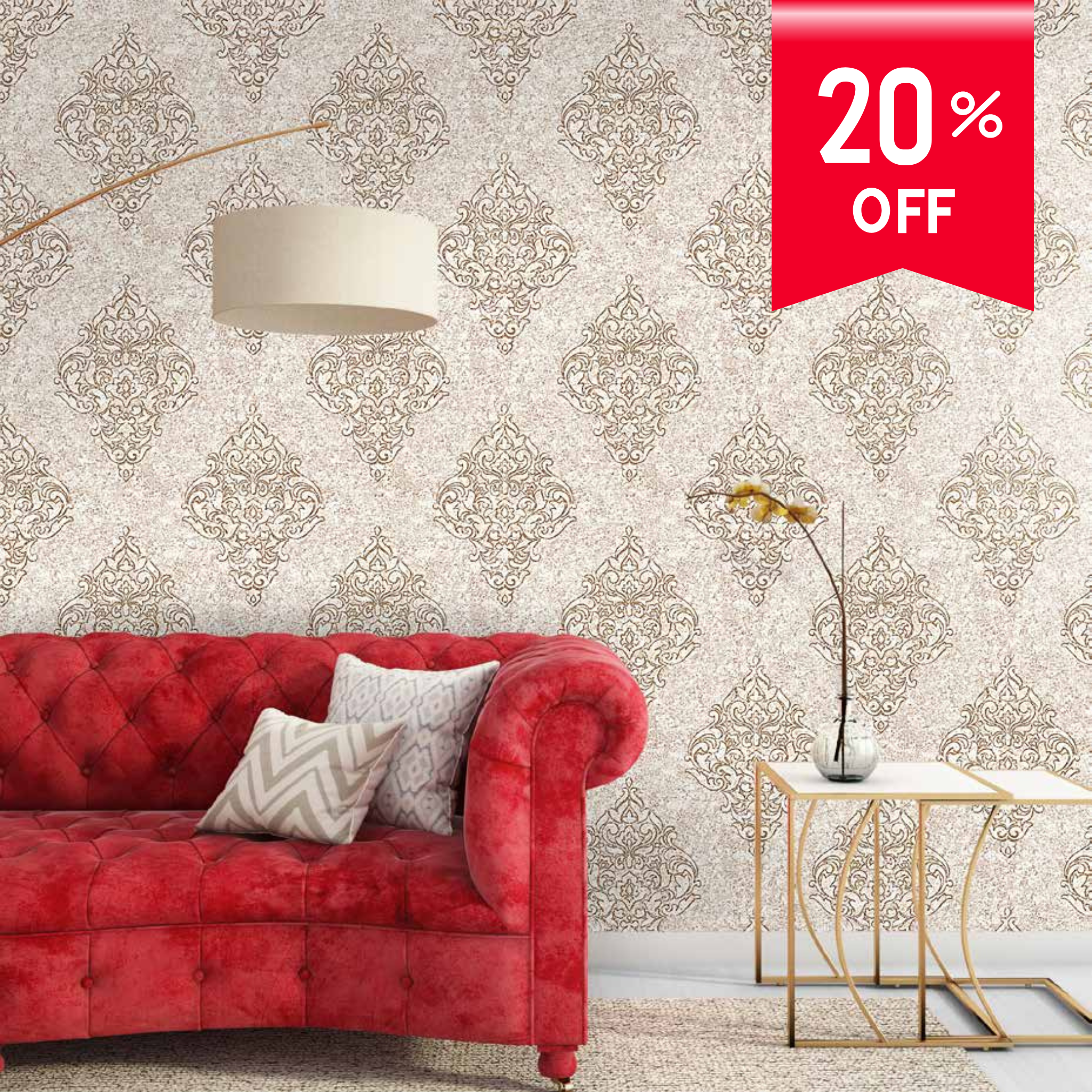 Living room with red sofa, decorative pillows, and a wall with patterned wallpaper featuring a '20% OFF' banner.