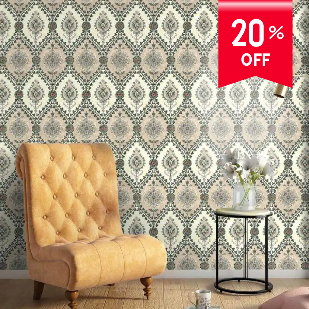 Patterned wallpaper with a brown chair and small table in front, featuring a 20% off sale banner.