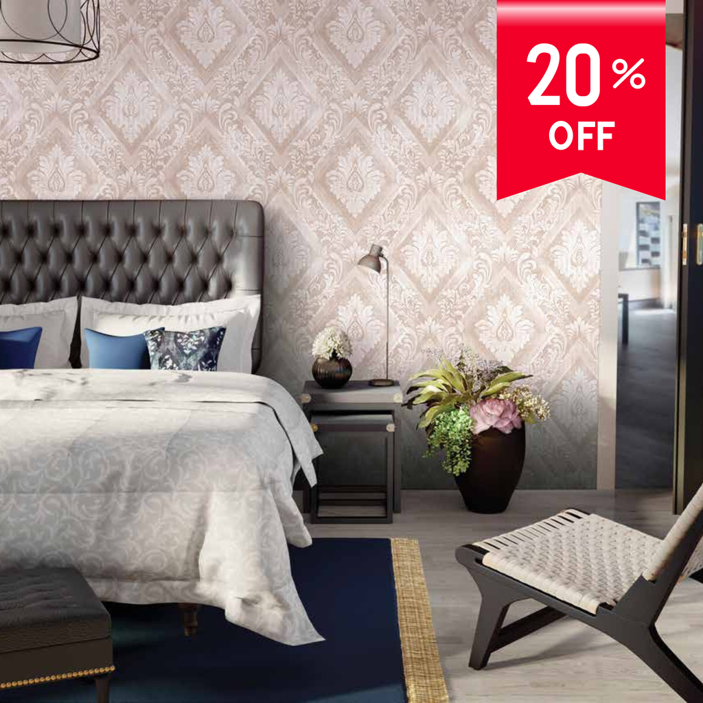Modern bedroom with decorative elements and a 20% off discount banner.